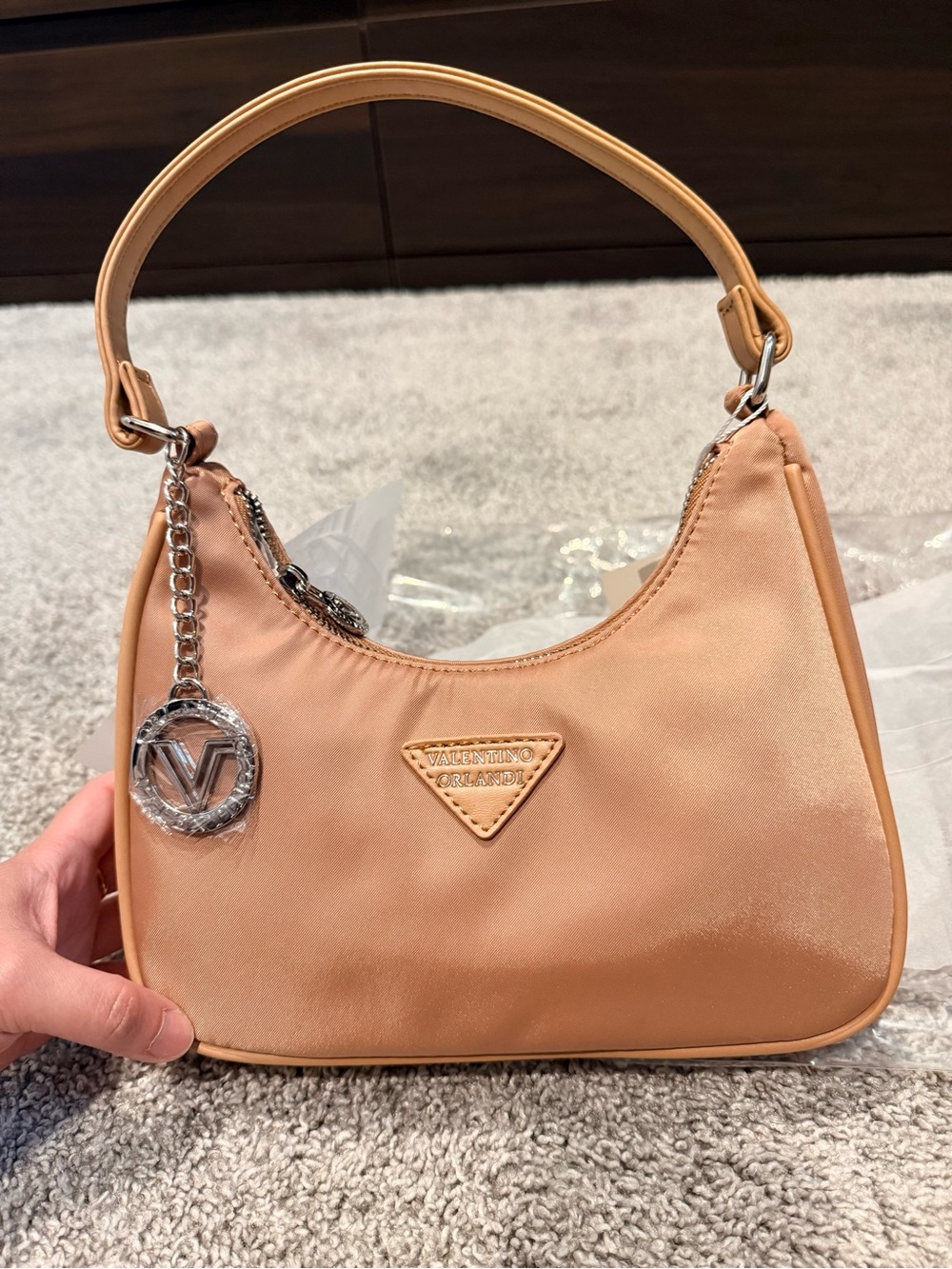Valentino Orlandi Taupe Nylon Shoulder Bag with Silver Charm